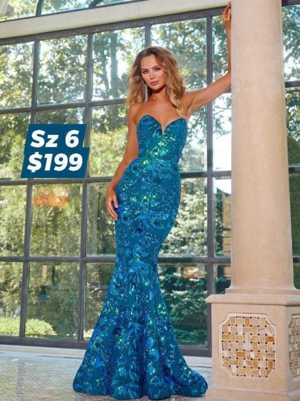 Jovani Teal Blue Strapless Sequin Mermaid Gown
